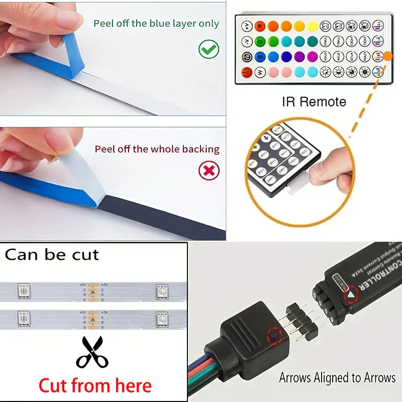 40M/131Ft Led Strip Lights APP 44Keys Music Sync Remote Control USB 5V RGB Flexible Tape for Room Decoration TV Backlight Diode