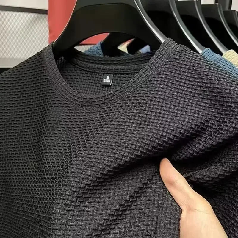 Ice Silk Bamboo Node Men's Short Sleeve T-Shirt Summer Pure Color Elastic Comfortable Cool Feeling Casual Versatile Thin Trendy