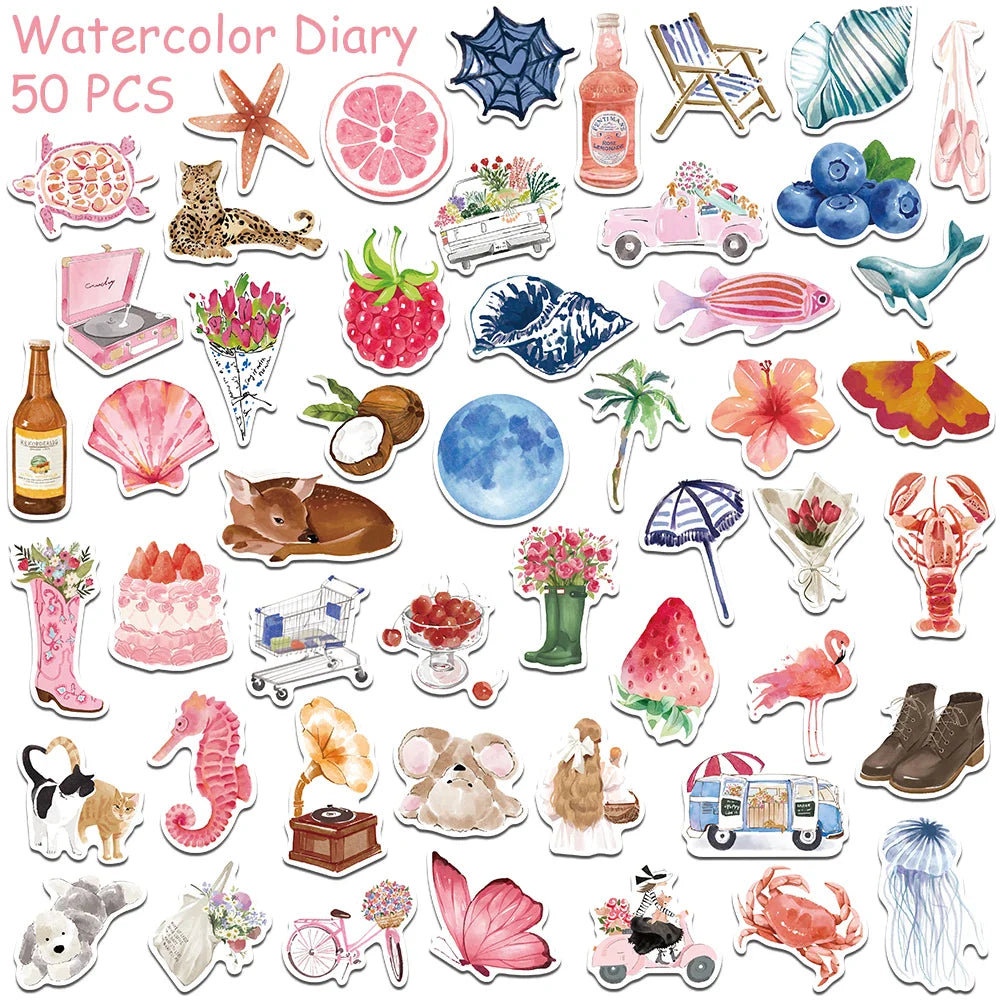 50/100pcs Cartoon Watercolor Dairy Stickers Decals For Phone Laptop Scrapbook Luggage Helmet DIY Graffiti Aesthetic Stickers