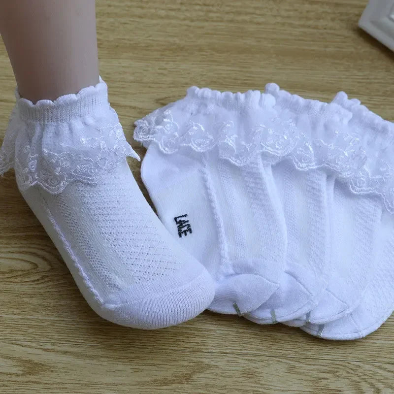 10 Pairs Baby Girls Socks – Lace Ruffle Princess Ankle Socks, Breathable Cotton Mesh for Toddlers, White, Pink & Blue