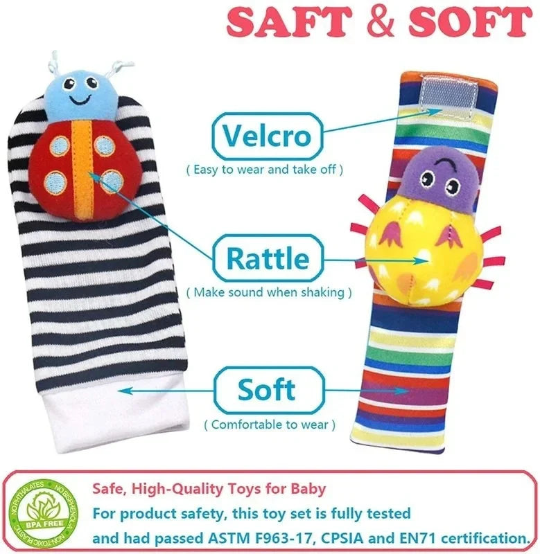 4Pcs Baby Toy 0-12 Months Baby Rattles Toys Animal Socks Wrist Strap + Rattle Baby Foot Socks Bug Wrist Strap Baby Socks New