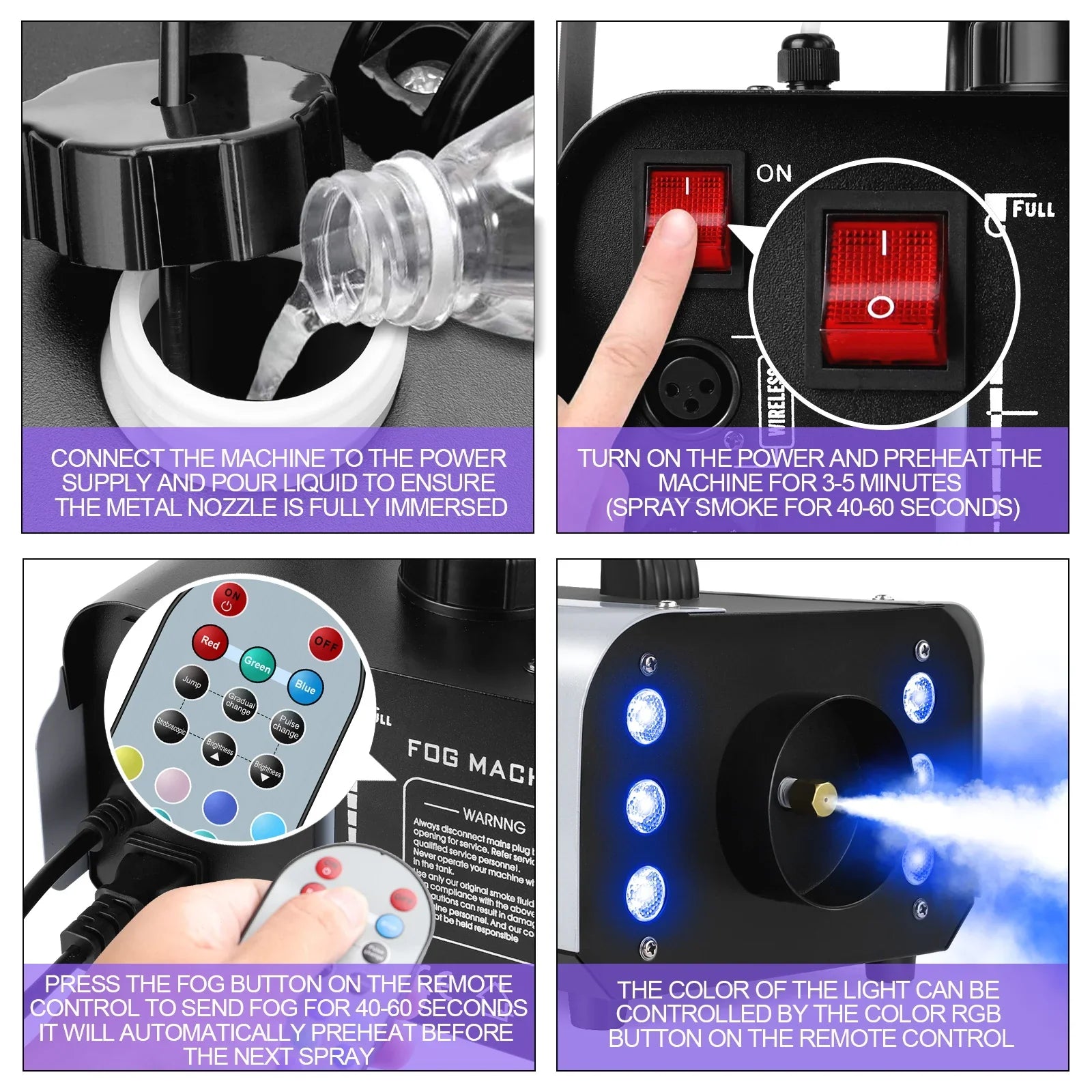 U'King 1200W Fog Machine 6LEDs Remote Fogger Ejector Disco Colorful Smoke Machine DJ Christmas Party Effects Stage Light