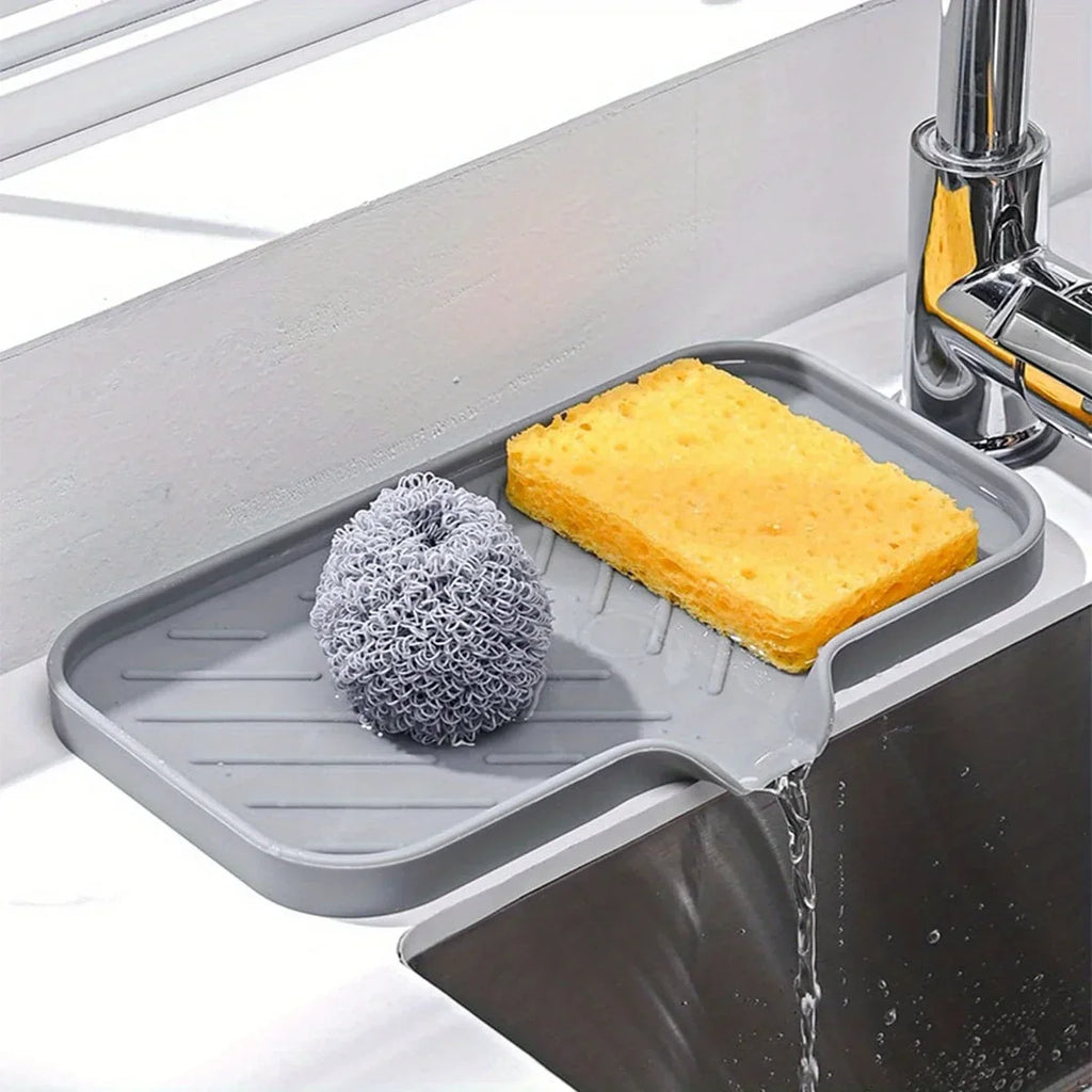 Multifunctional Silicone Sink Tray with Drain – Soap, Sponge & Brush Organizer for Kitchen & Bathroom