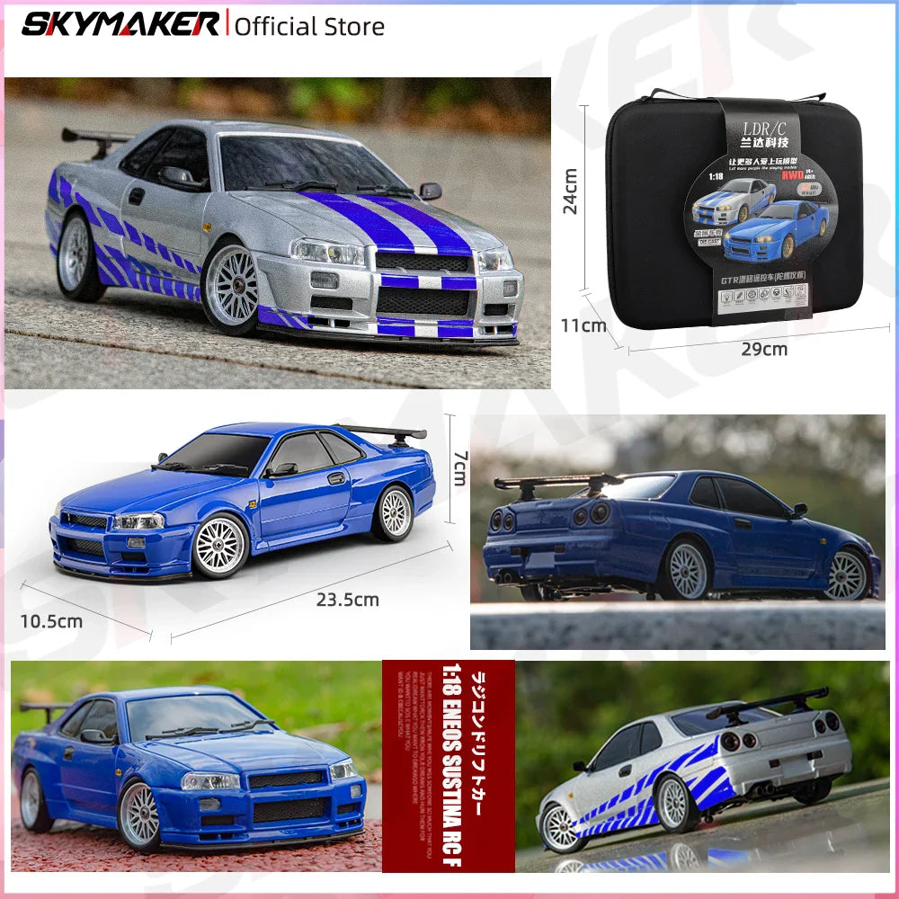 Skymaker LDRC 1/18 RC Drift Car LD1899 GTR Mode R34 2.4GHz RWD with Gyroscope on-Road Alloy Body Shell Racing Car for Boys Gifts