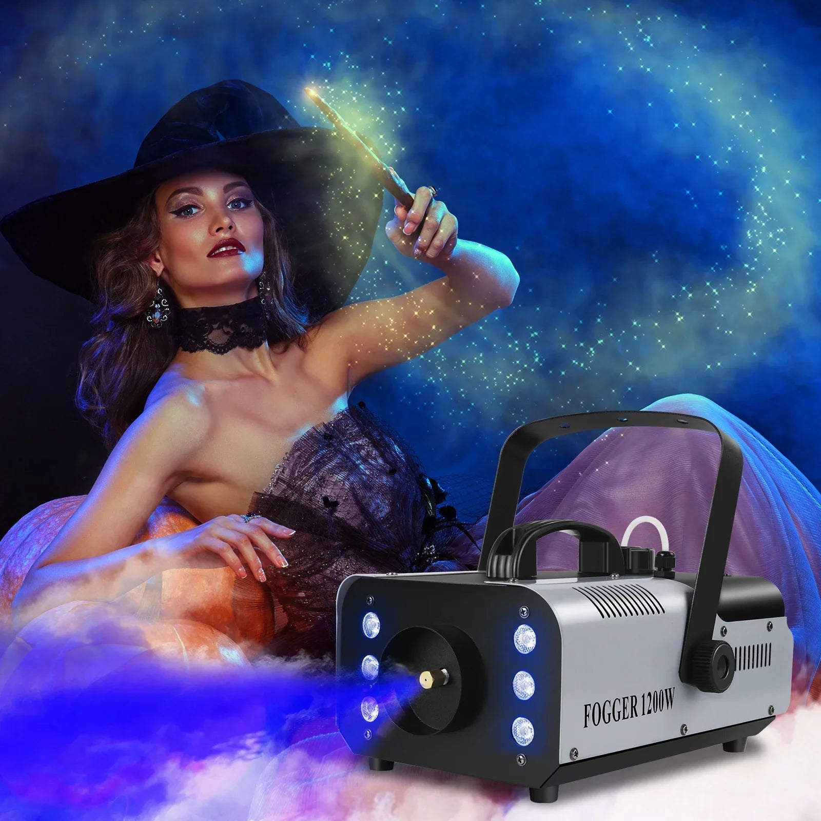 U'King 1200W Fog Machine 6LEDs Remote Fogger Ejector Disco Colorful Smoke Machine DJ Christmas Party Effects Stage Light